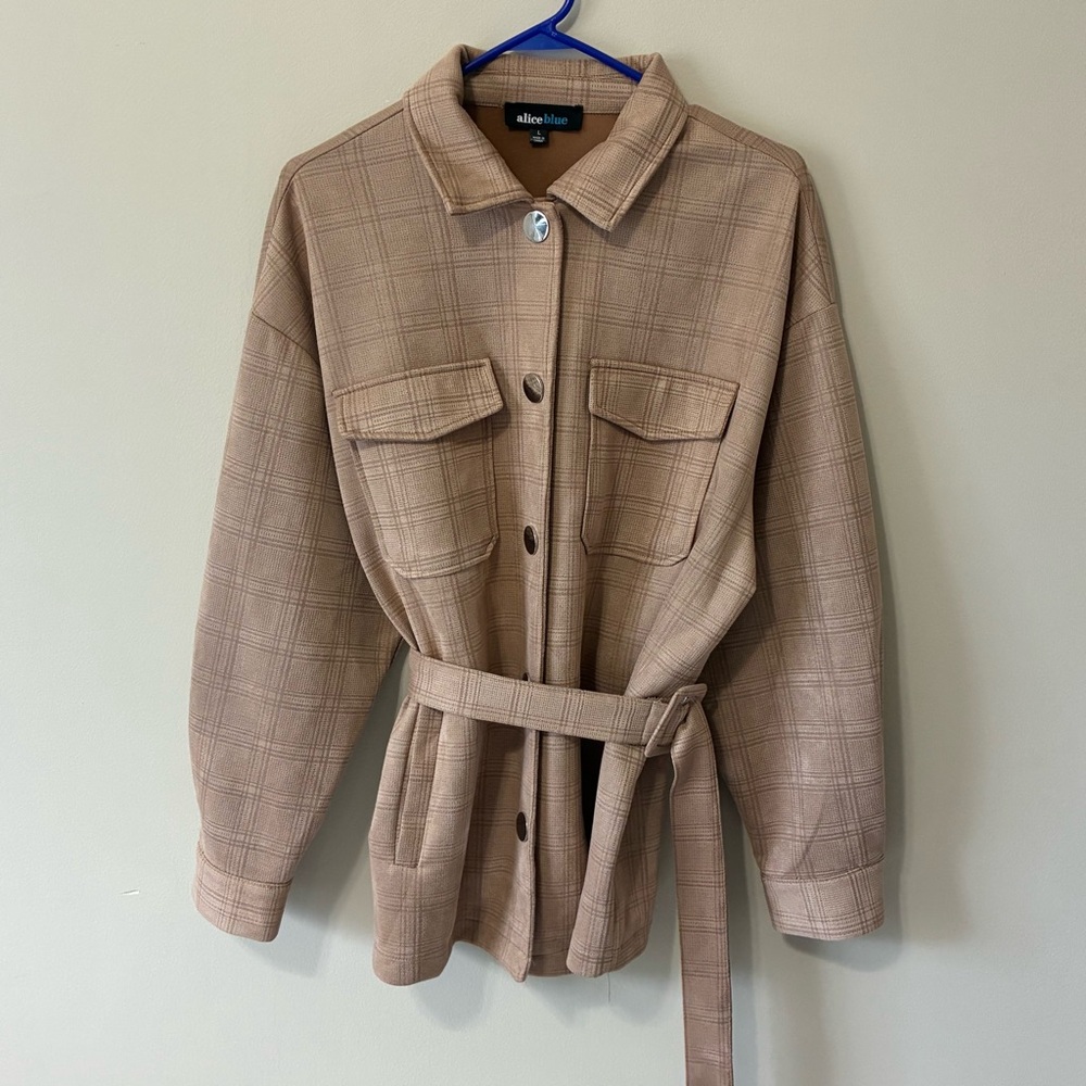 Alice Blue Stitch Fix Brown Plaid Utility Shacket Jacket Belted Size Large